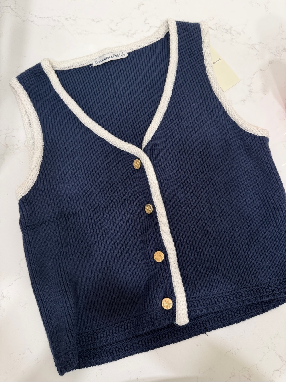 Abercrombie & Fitch Navy Knit Button Front Vest with Cream Trim
